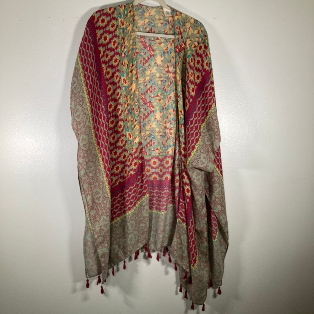 Boho Geometric Patchwork Tassel Fringe Kimono Wrap Red Green MAS81279 One Size